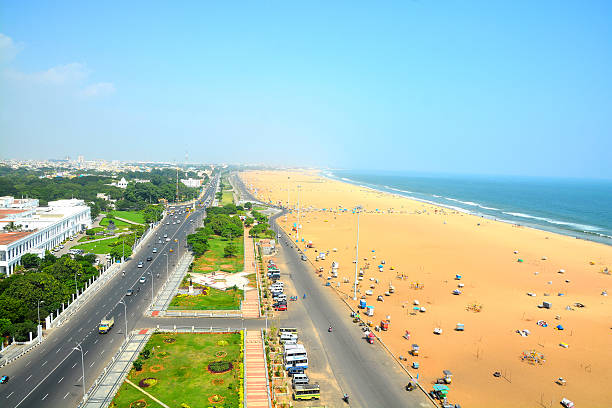 Aerial view of Marina Beach in Chennai City, India. It is the longest beach in India spans about 13 km (8.1 miles) along the Bay of Bengal coastline.