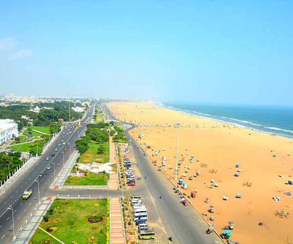 Aerial view of Marina Beach in Chennai City, India. It is the longest beach in India spans about 13 km (8.1 miles) along the Bay of Bengal coastline.